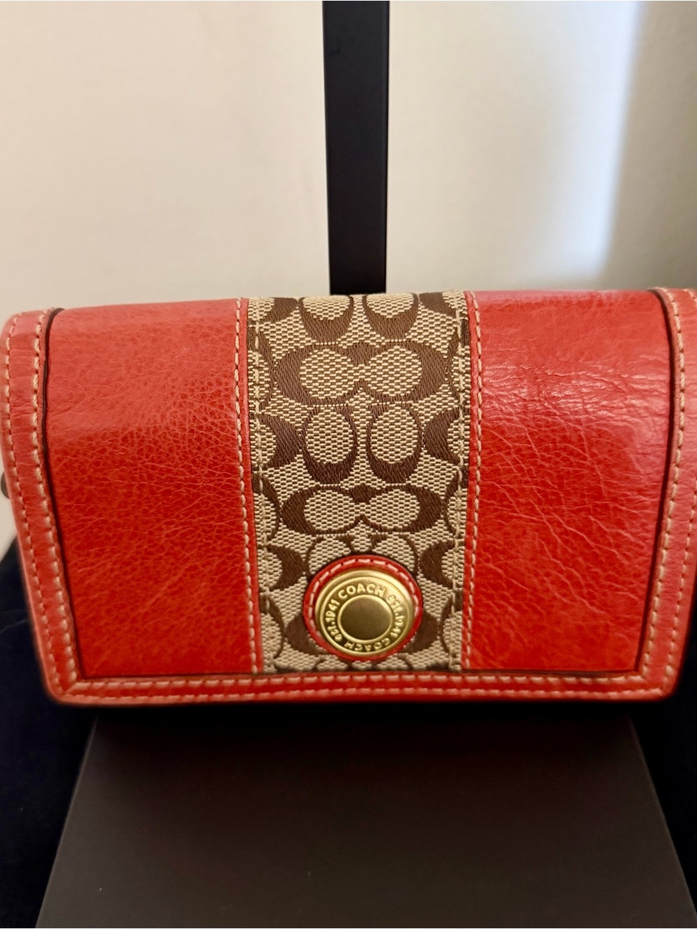 Coach Red Leather Wallet with Brown Signature Canvas Panel